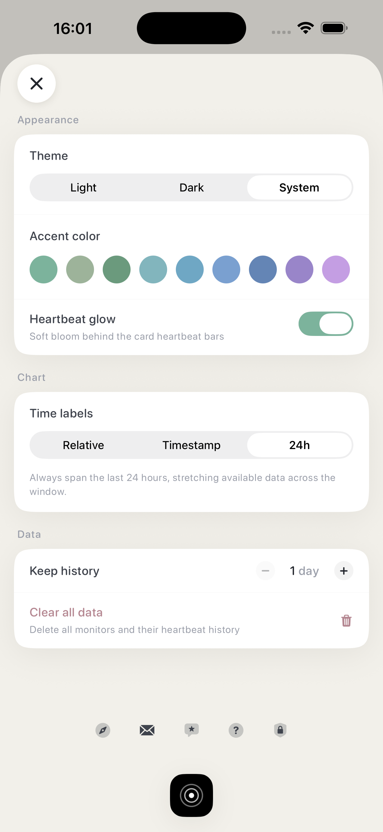 Selene's settings screen with theme, font and accent controls