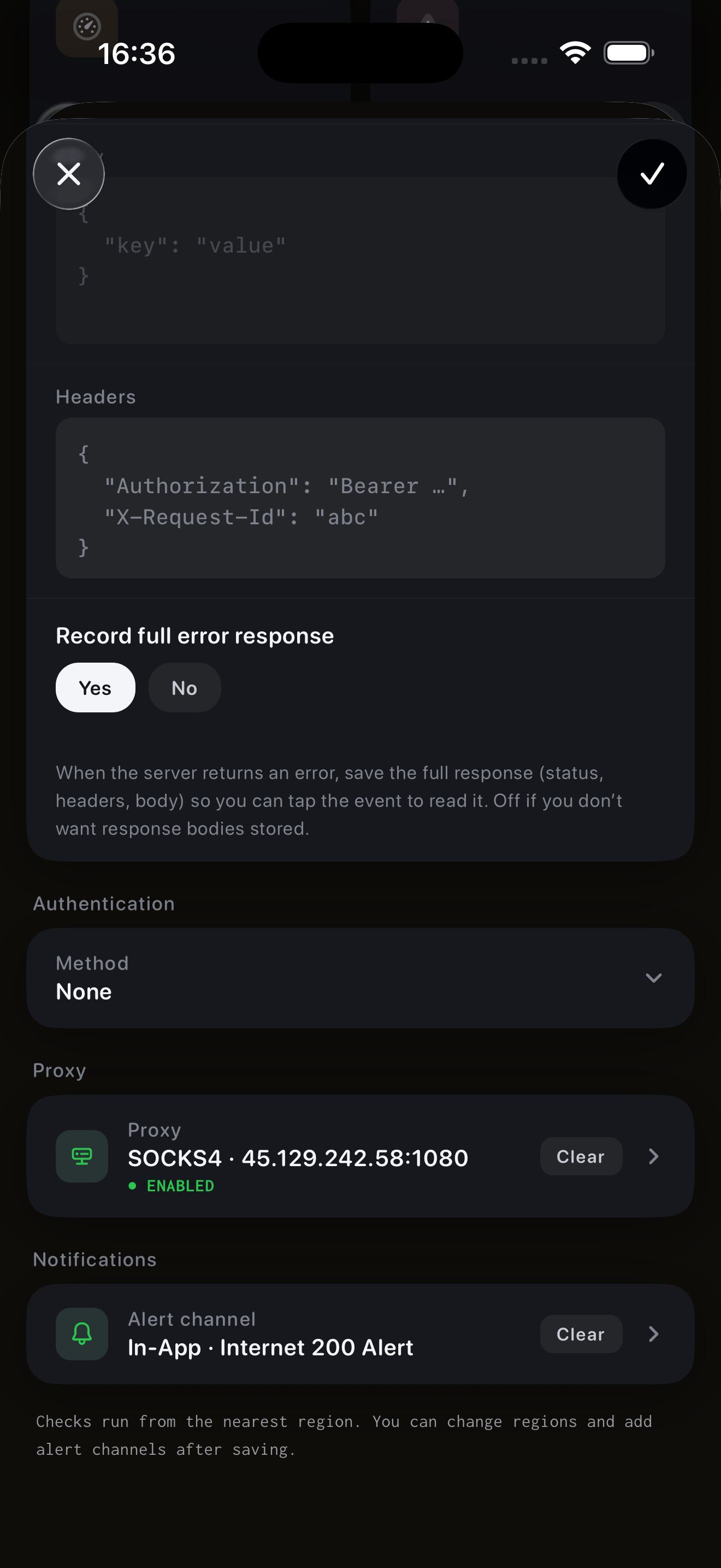 Selene in dark mode showing request options